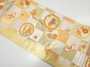 市松に鳳凰・花丸模様織り出し　袋帯